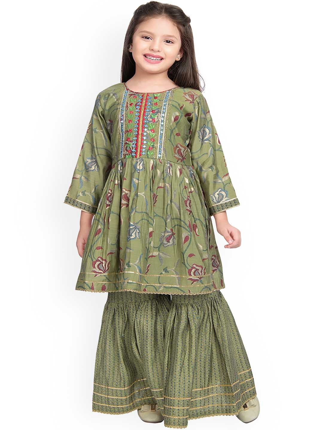 Girls Black Floral Printed Round Neck Empire Satin Kurta with Sharara