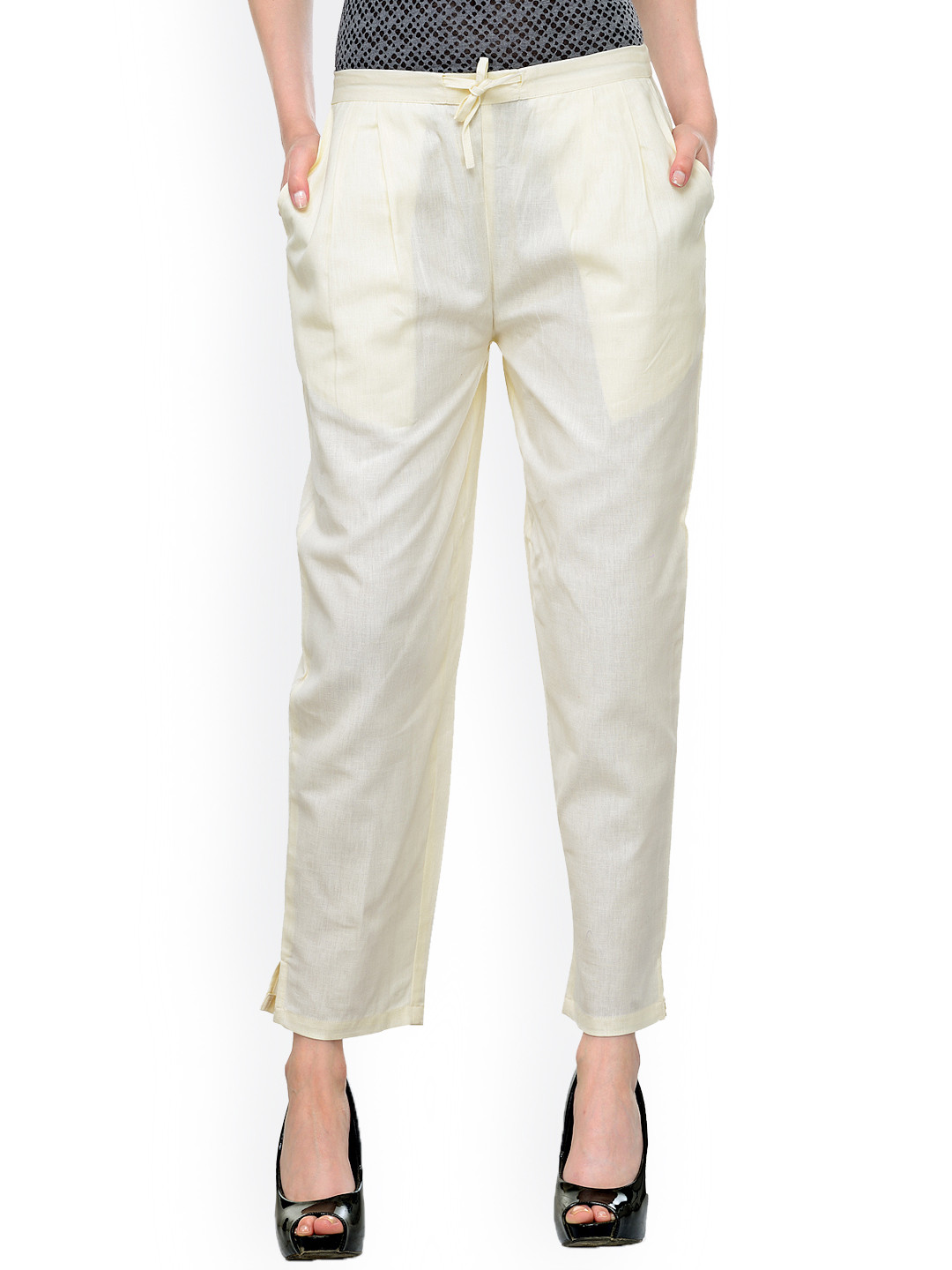 Buy Bitterlime Women Cream Coloured Relaxed Fit Solid Peg Trousers