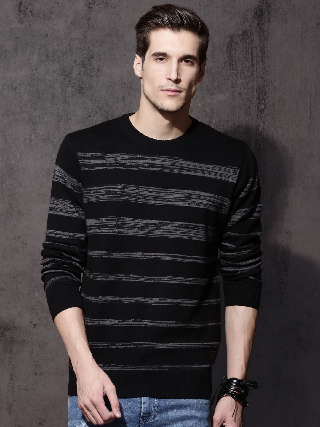 Buy Roadster Men Black & Grey Striped Pullover Sweaters for Men