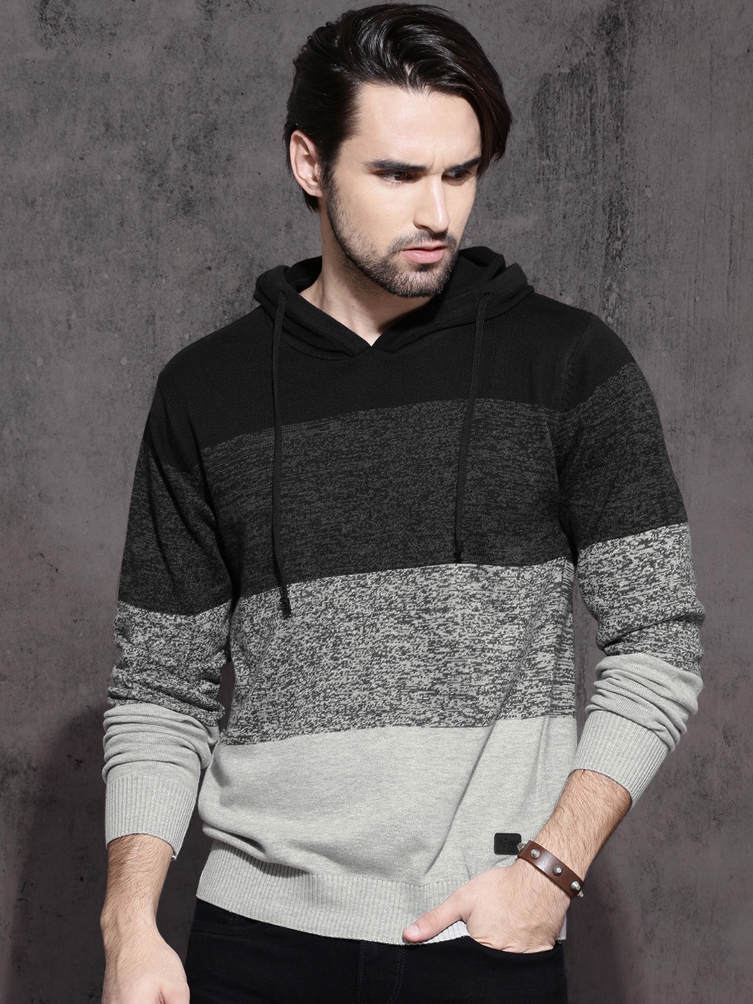 Buy Roadster Men Black & Grey Colourblocked Pullover Sweater - Sweaters ...