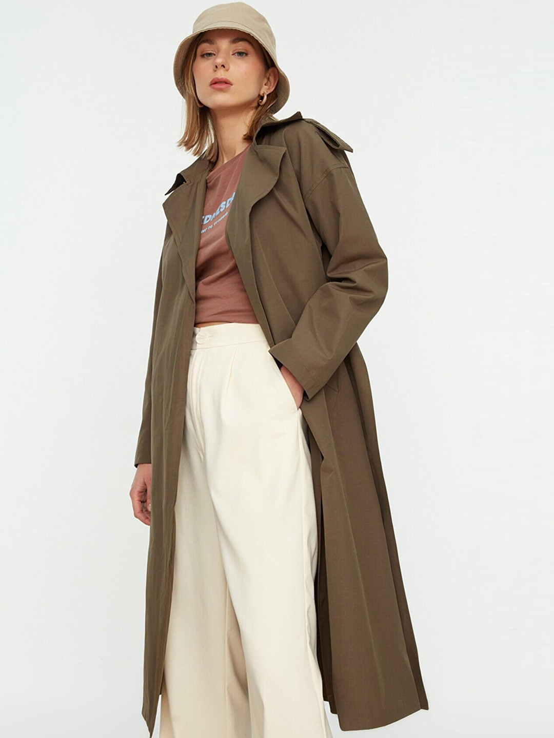 Mulvari Women's Solid Color Contrast Placket Long Sleeve Casual Trench Coat