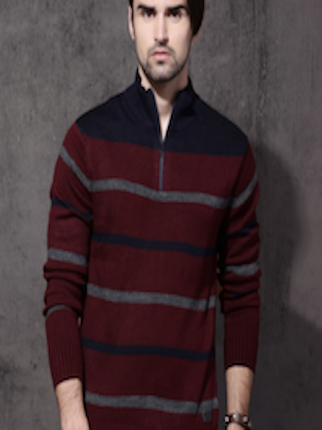 Buy Roadster Men Maroon & Navy Blue Striped Pullover - Sweaters for Men ...