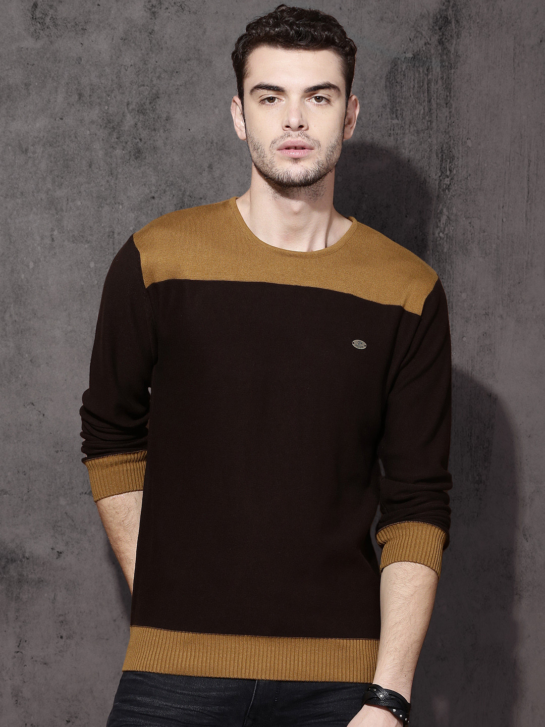 Buy Roadster Men Brown & Mustard Colourblocked Pullover Sweaters for