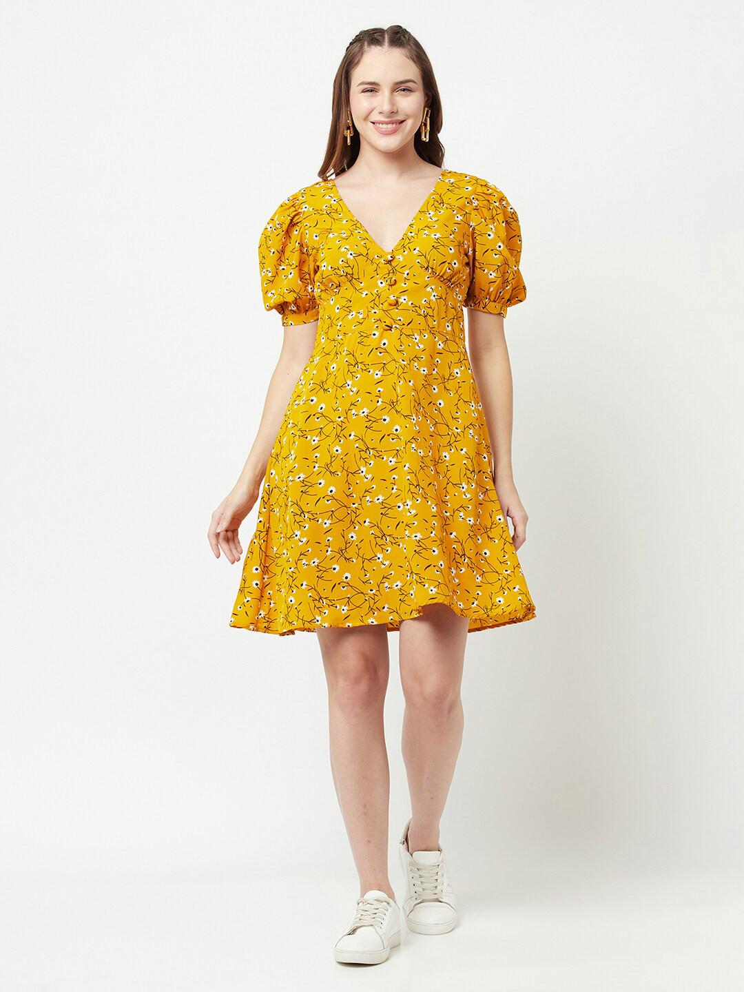 Buy SQew Women Mustard Yellow Floral Fit And Flare Dress - Dresses for ...