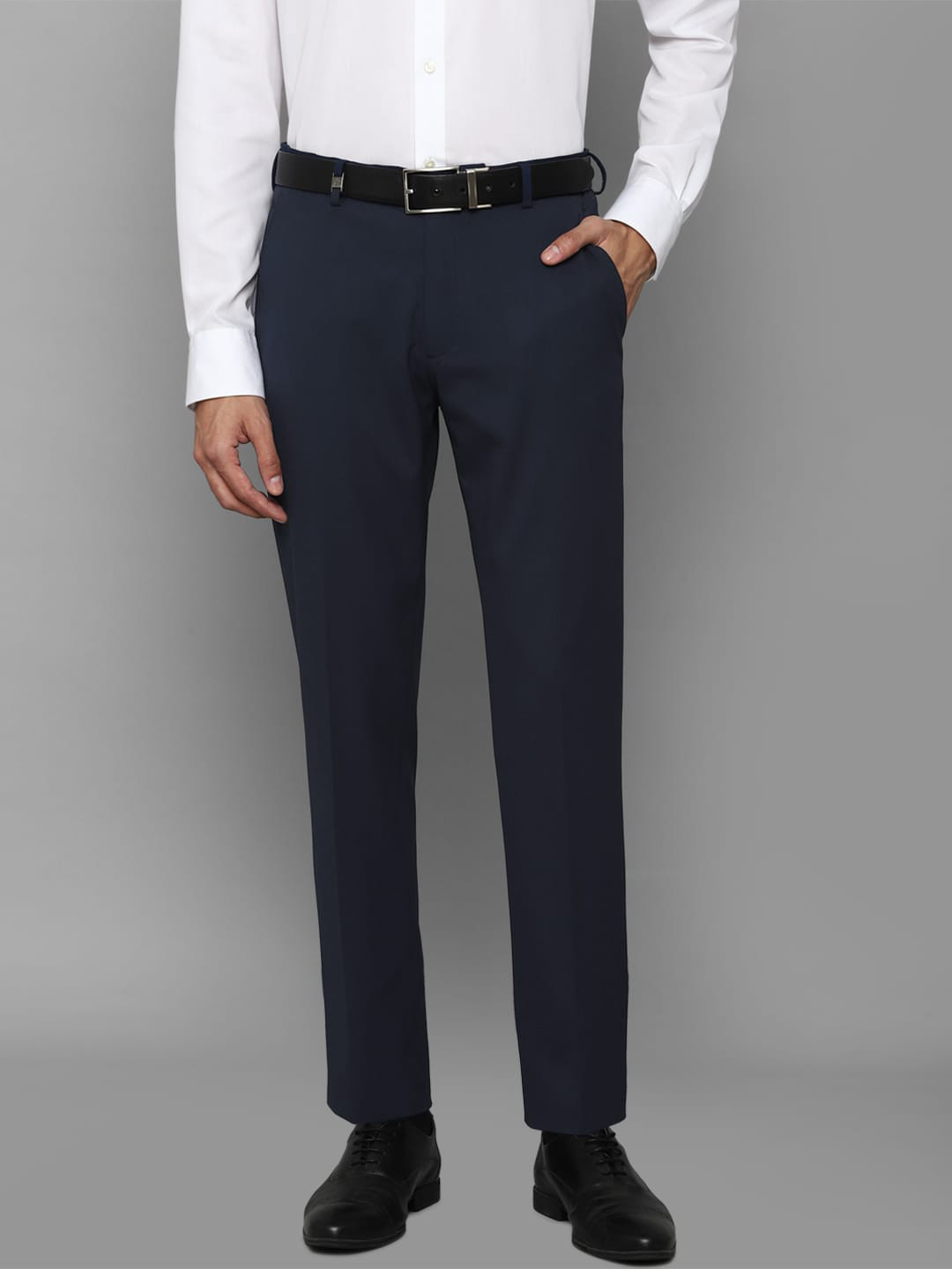 Buy Louis Philippe Men Navy Blue Straight Solid Slim Fit Trousers ...
