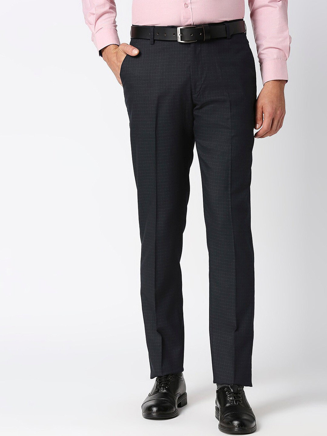 Buy Solemio Men Navy Blue Tailored Easy Wash Trousers - Trousers for ...