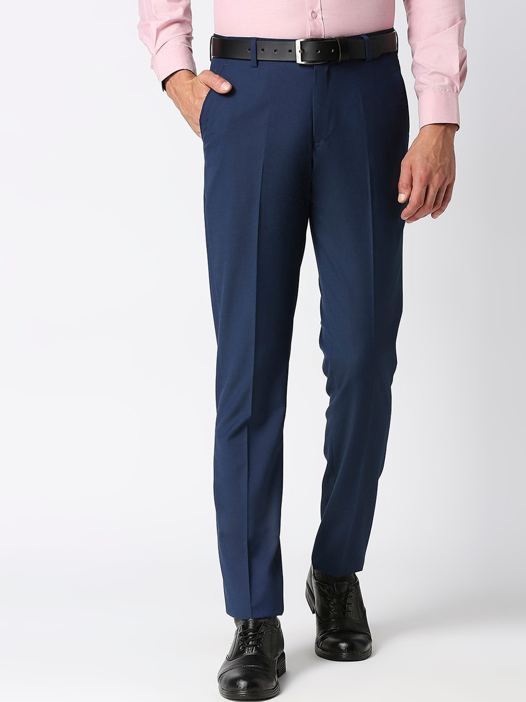 Buy Solemio Men Navy Blue Tailored Easy Wash Trousers - Trousers for ...