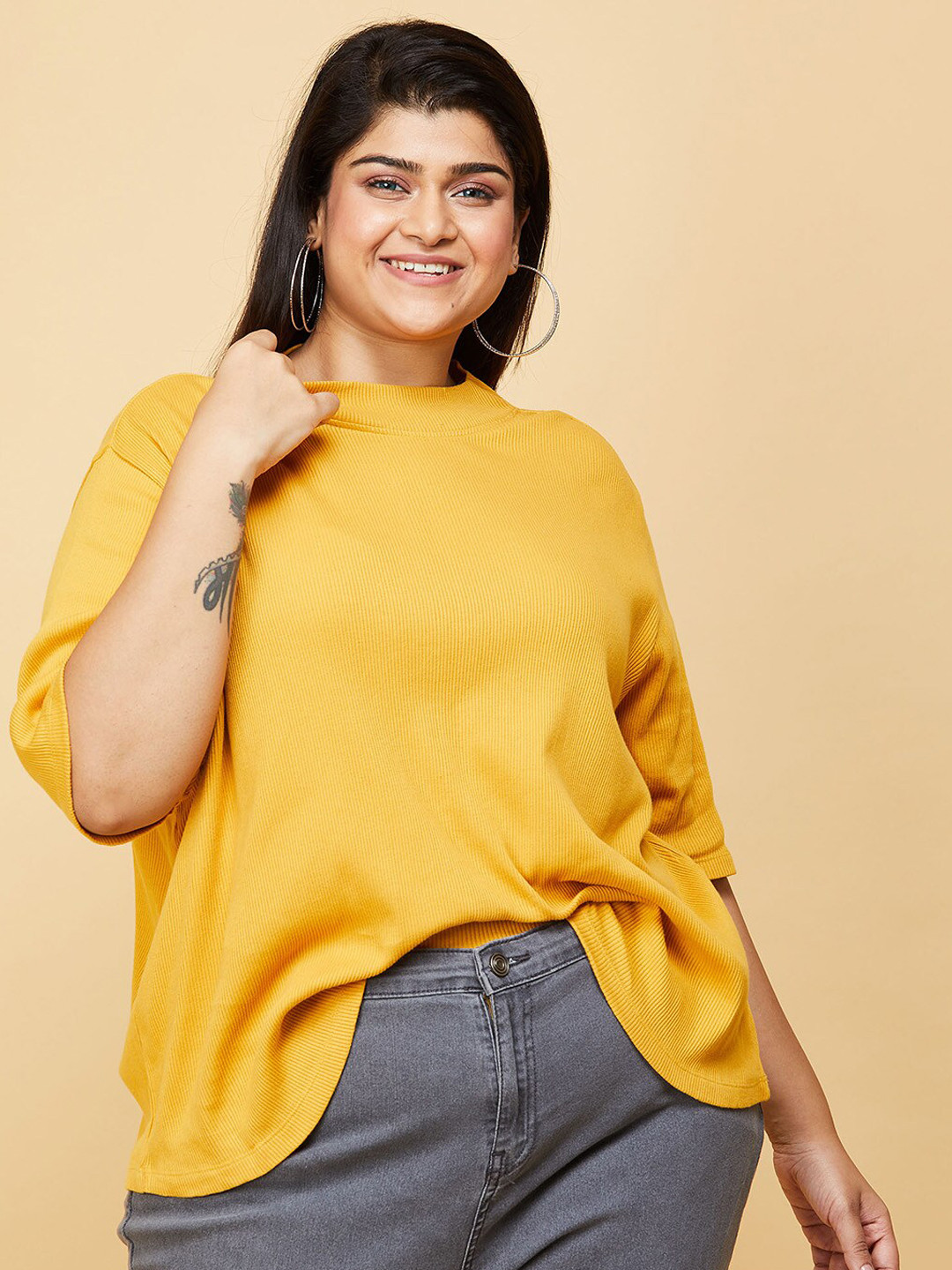 Buy Max Plus Size Mustard Yellow Solid Top Tops for Women 19572302