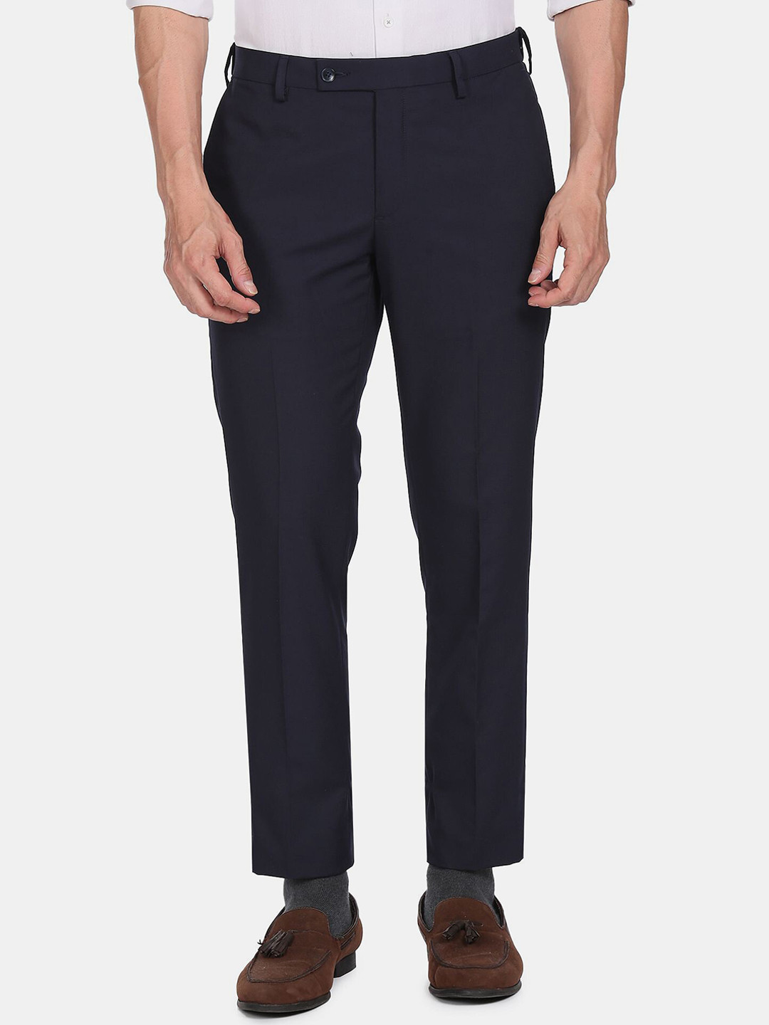 Buy Arrow Men Navy Blue Regular Fit Autoflex Formal Trousers - Trousers ...