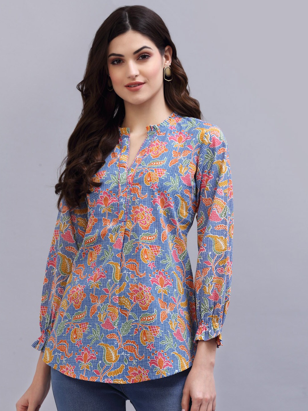 Buy QOMN Women Blue & Orange Floral Printed Pure Cotton Top - Tops for ...
