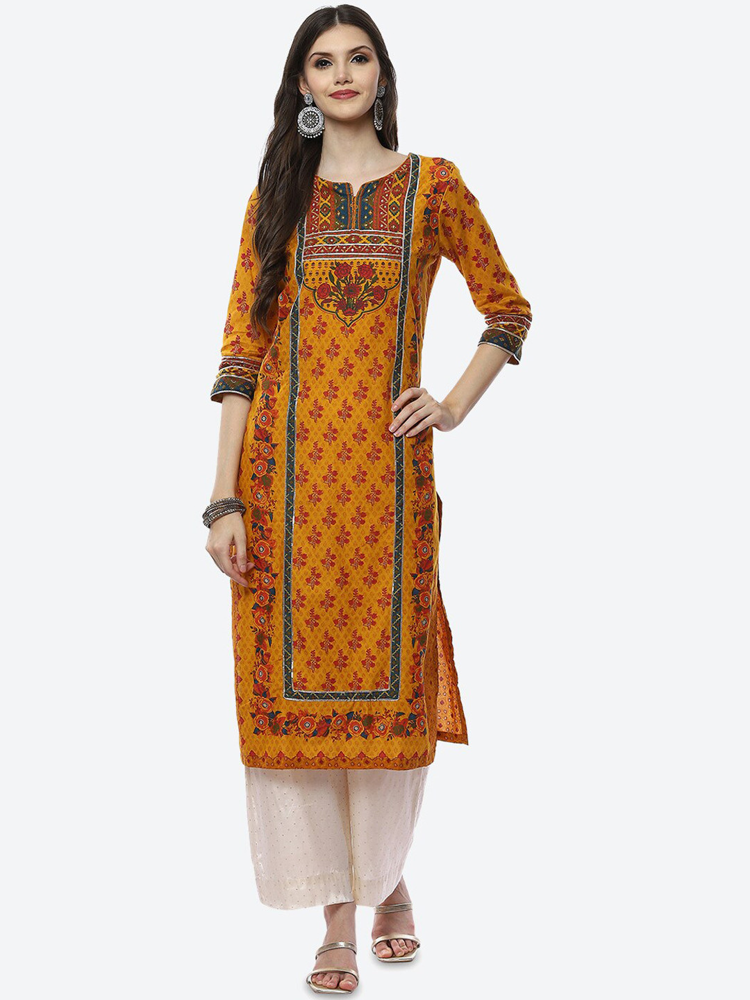 Buy Biba Women Mustard Yellow Geometric Printed Cotton Kurta Kurtas