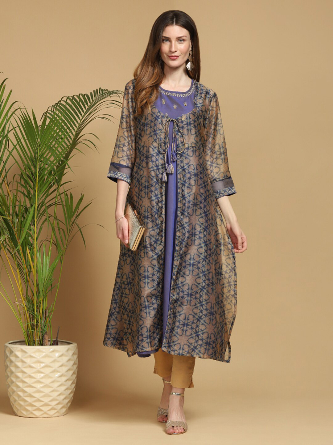Buy Indifusion Women Blue Embroidered Keyhole Neck Flared Sleeves