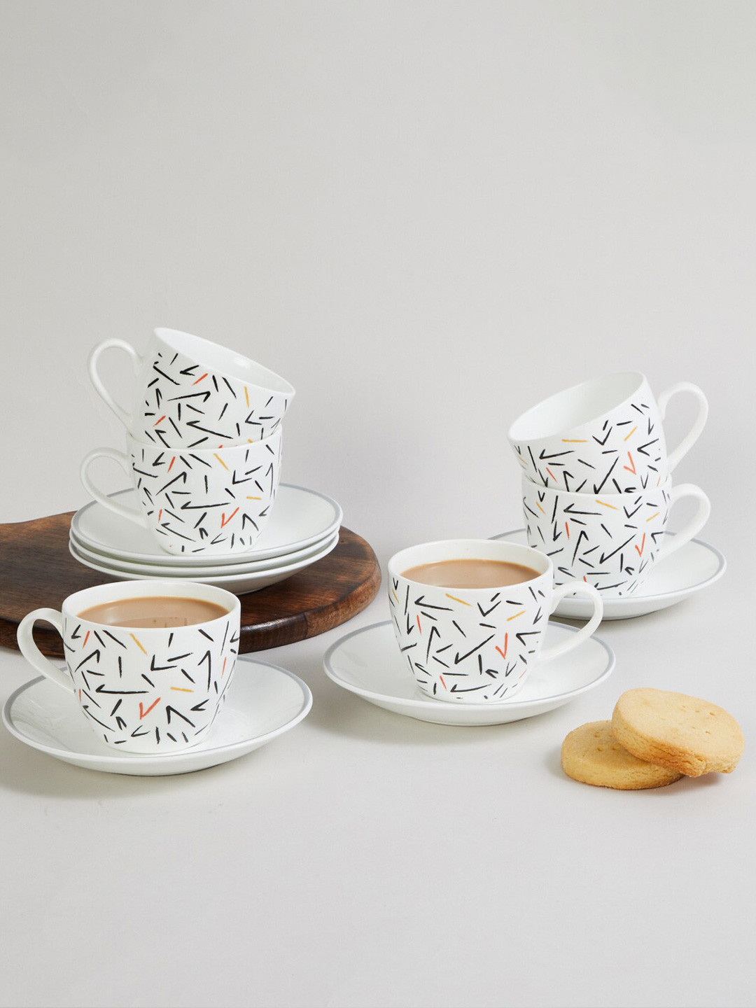 Buy Home Centre White & Black Printed Bone China Glossy Cups And