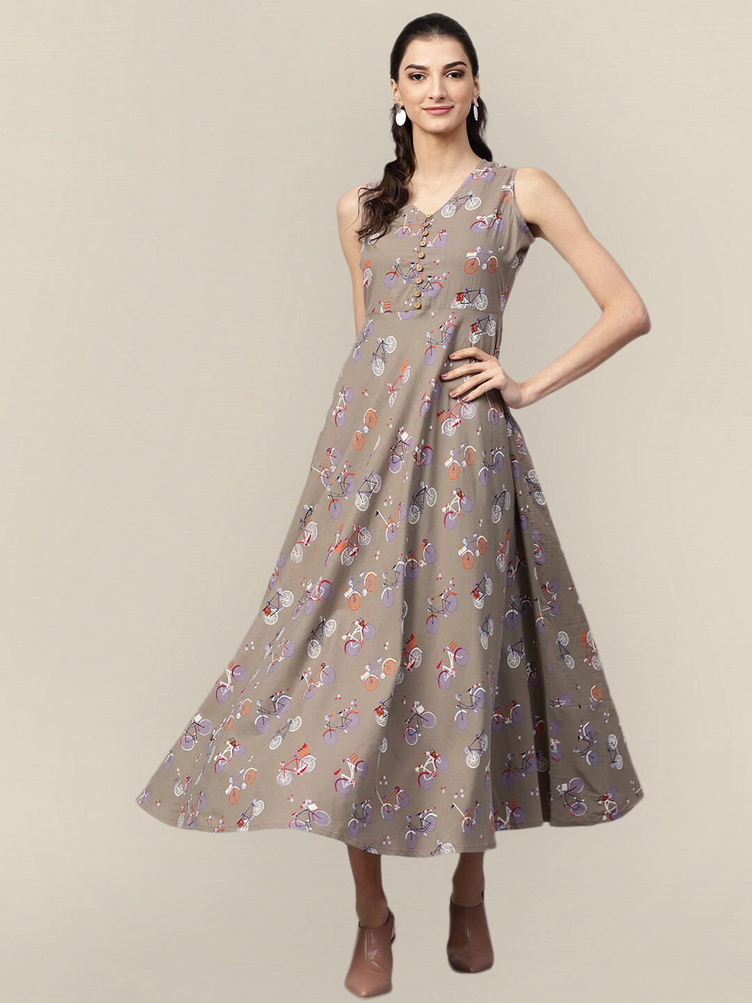 Women Grey Ethnic Motifs Printed Tie-Up Neck Cotton Maxi Dress With Dupatta