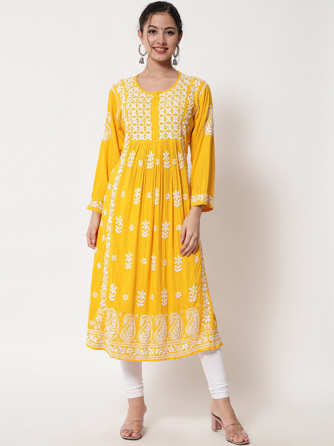 Buy PARAMOUNT CHIKAN Women Mustard Chikankari Hand Embroidered Floral