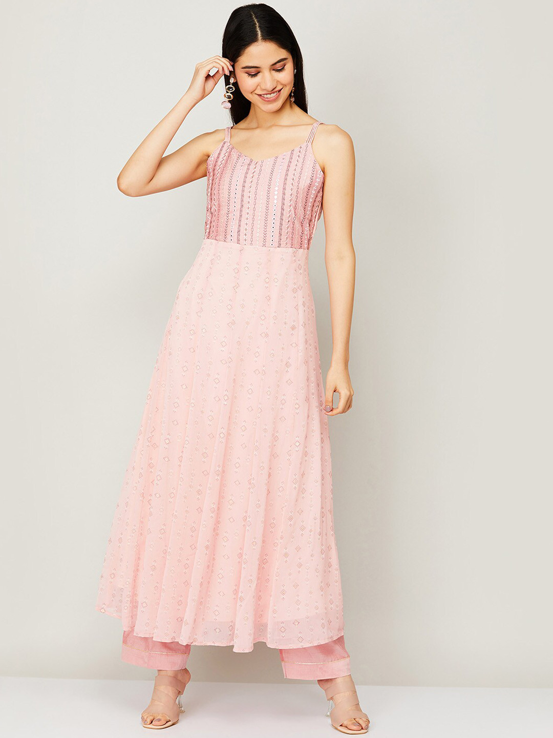 Women Peach Printed A-Line Kurta Trousers With Dupatta Set