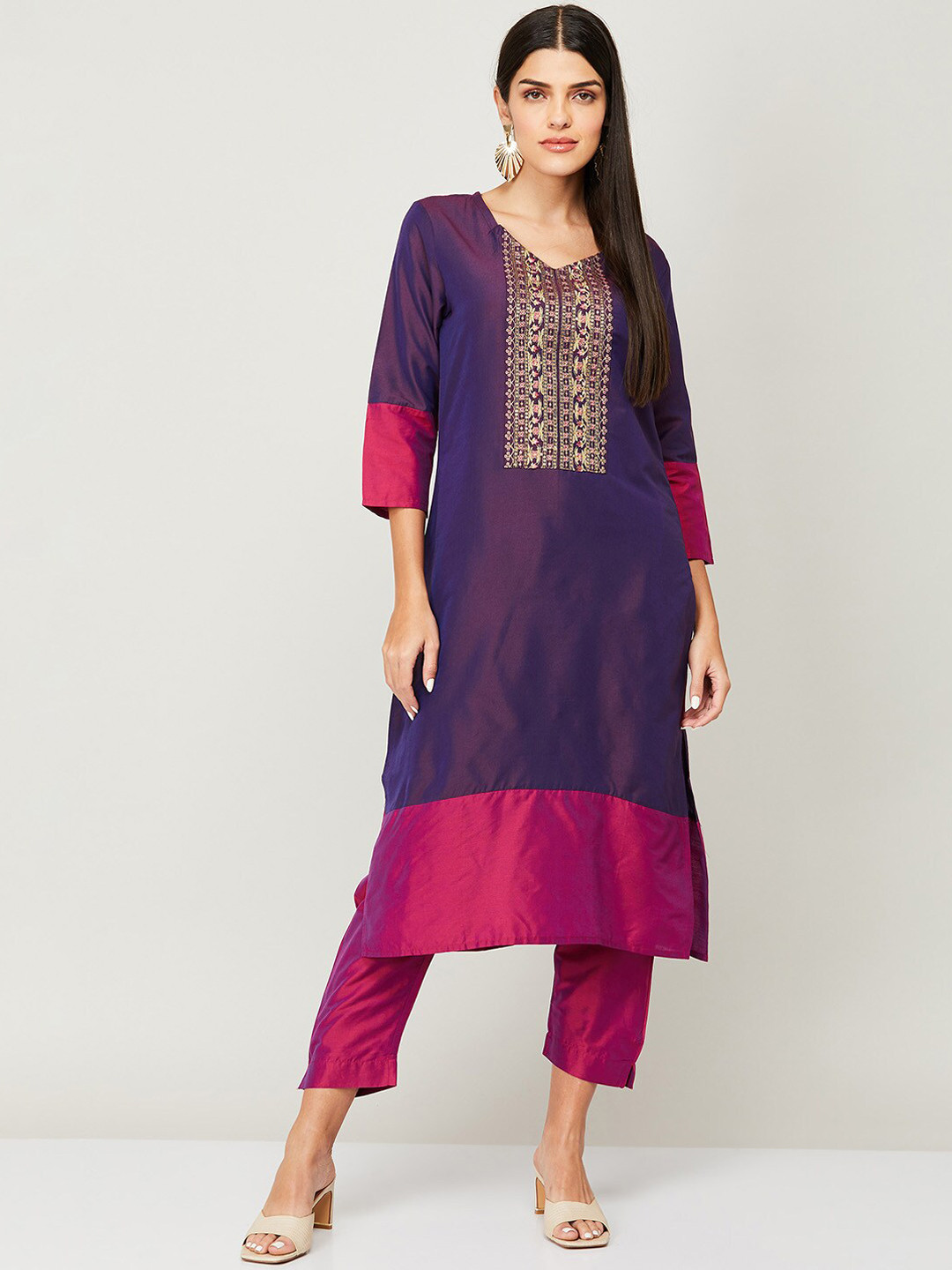 Orange and Pink Dual Tone Yoke Embroidered Kurta with Dhoti Pants main image 0