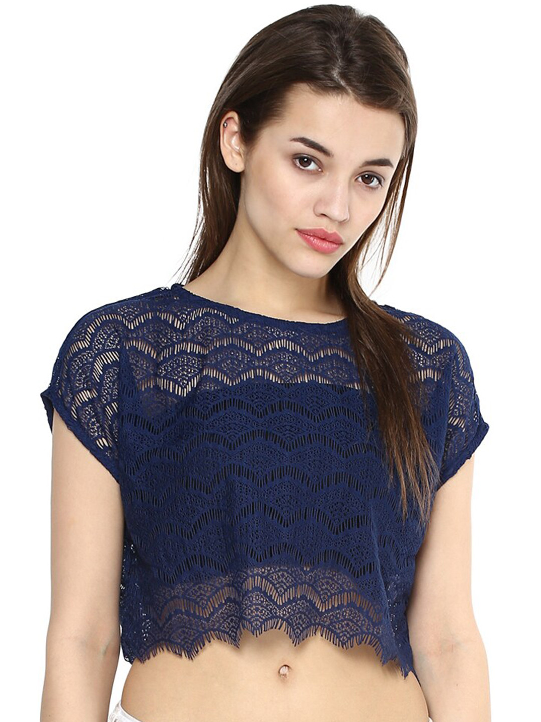 Buy La Zoire Women's Navy Blue Extended Sleeves Crop Top Tops for