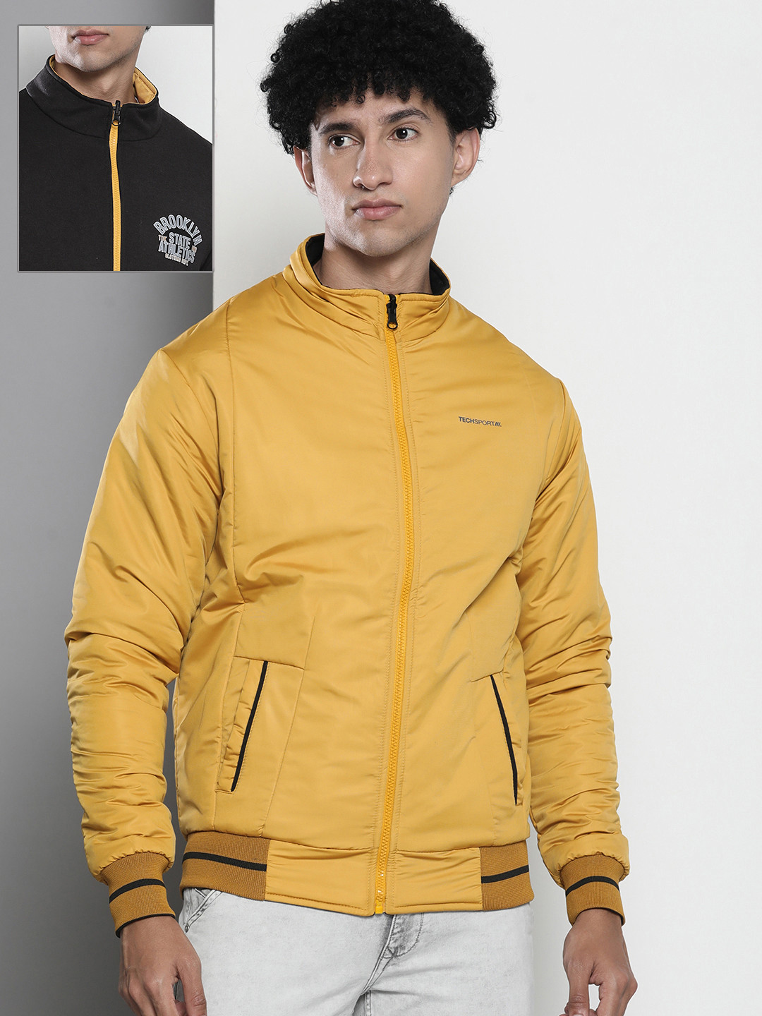 Buy The Indian Garage Co Men Mustard Yellow & Black Reversible Bomber