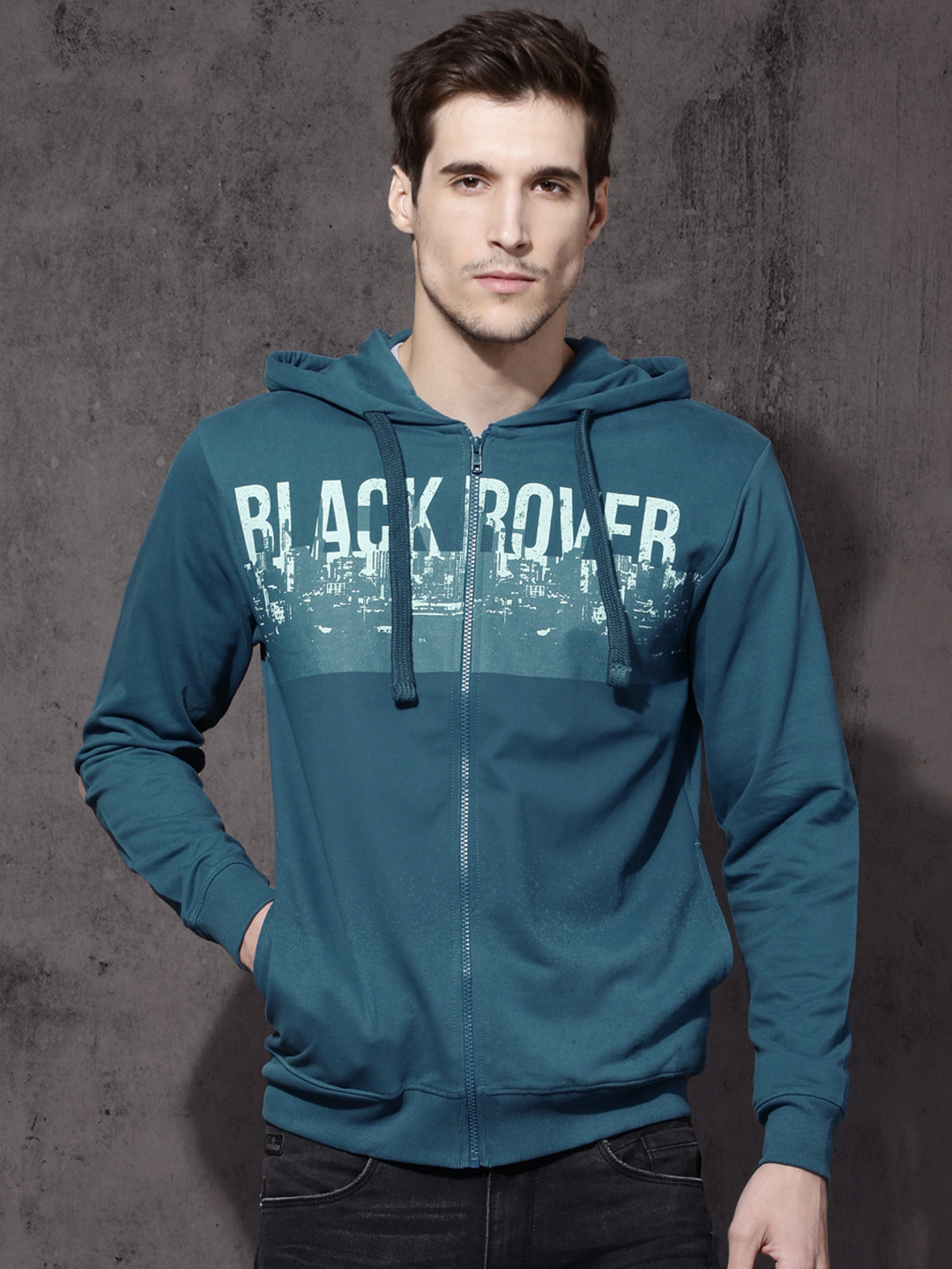 roadster men blue printed hooded sweatshirt