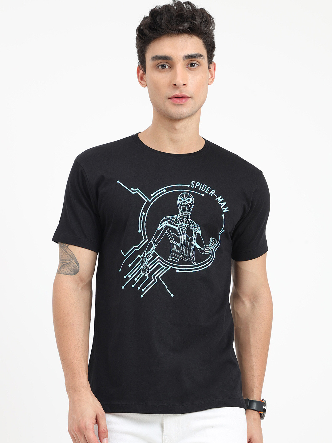 Buy COOFT Men Black & Green Spider Man Printed Pure Cotton T Shirt