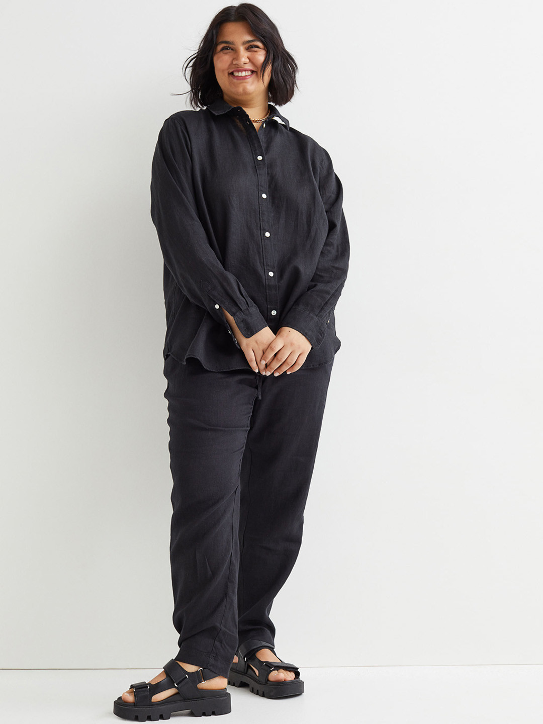 Buy H&M+ Black Linen Joggers Trousers for Women 19593772 Myntra