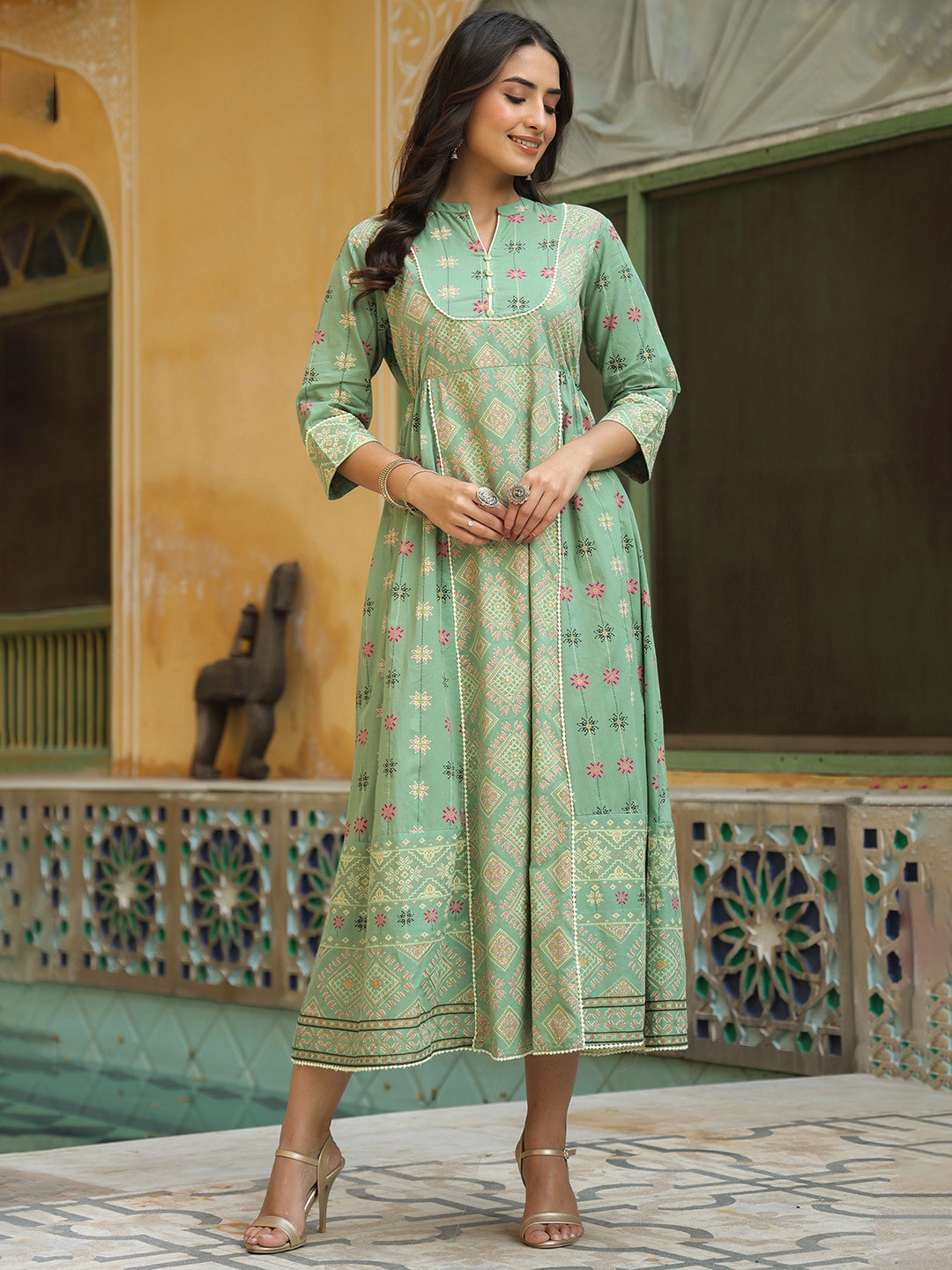 Women Yellow & Green Tribal Printed Two-Piece Dress main image 1