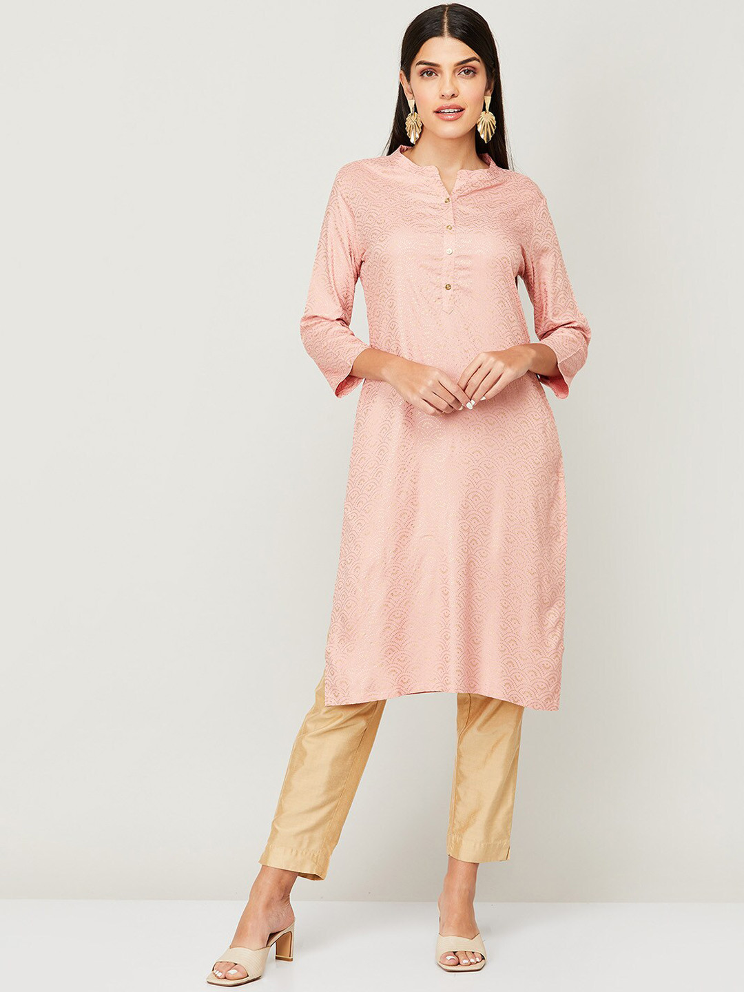 Women Peach Ethnic Motif Printed Cotton Winter Wear Kurta