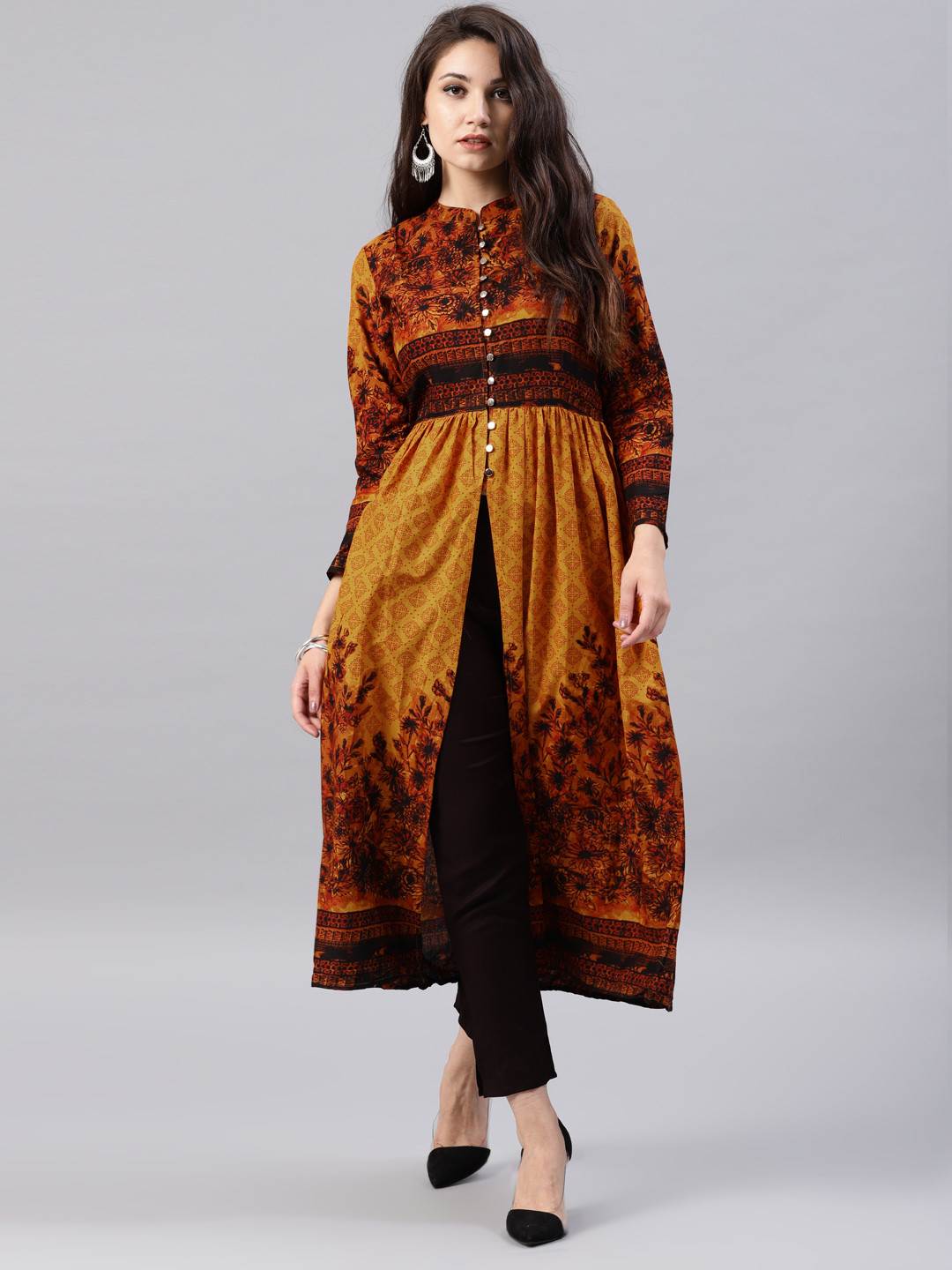 Buy Vishudh Women Mustard Yellow & Brown Printed A Line Kurta Kurtas