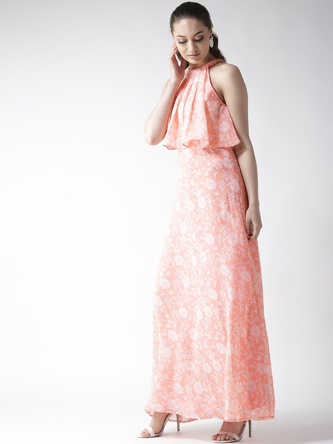 Yezwe Pink Floral Net Georgette Maxi Dress for Women - Modest Party Wear