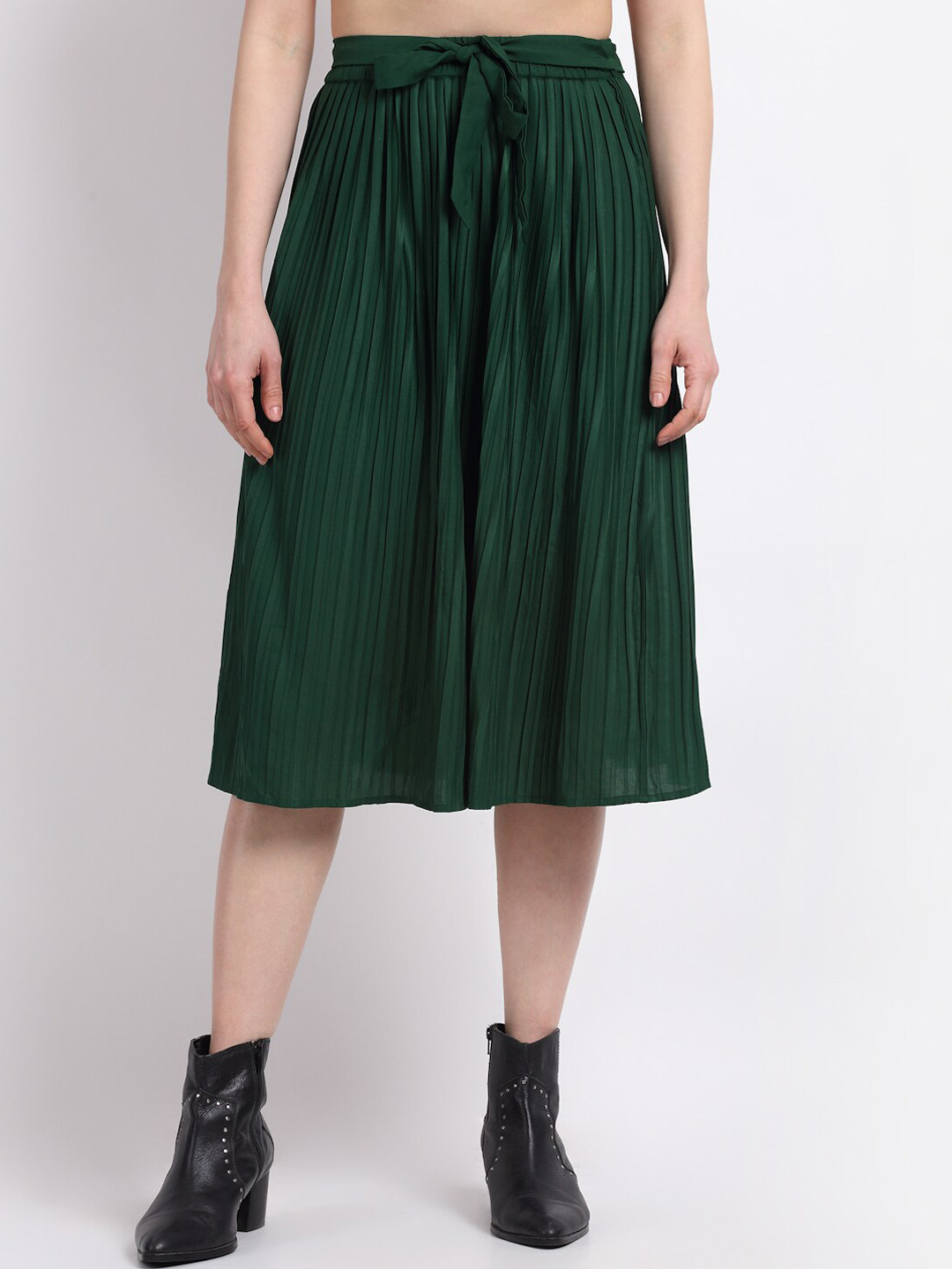 Buy La Zoire Women Bottle Green Pleated Skirt With Attached Belt