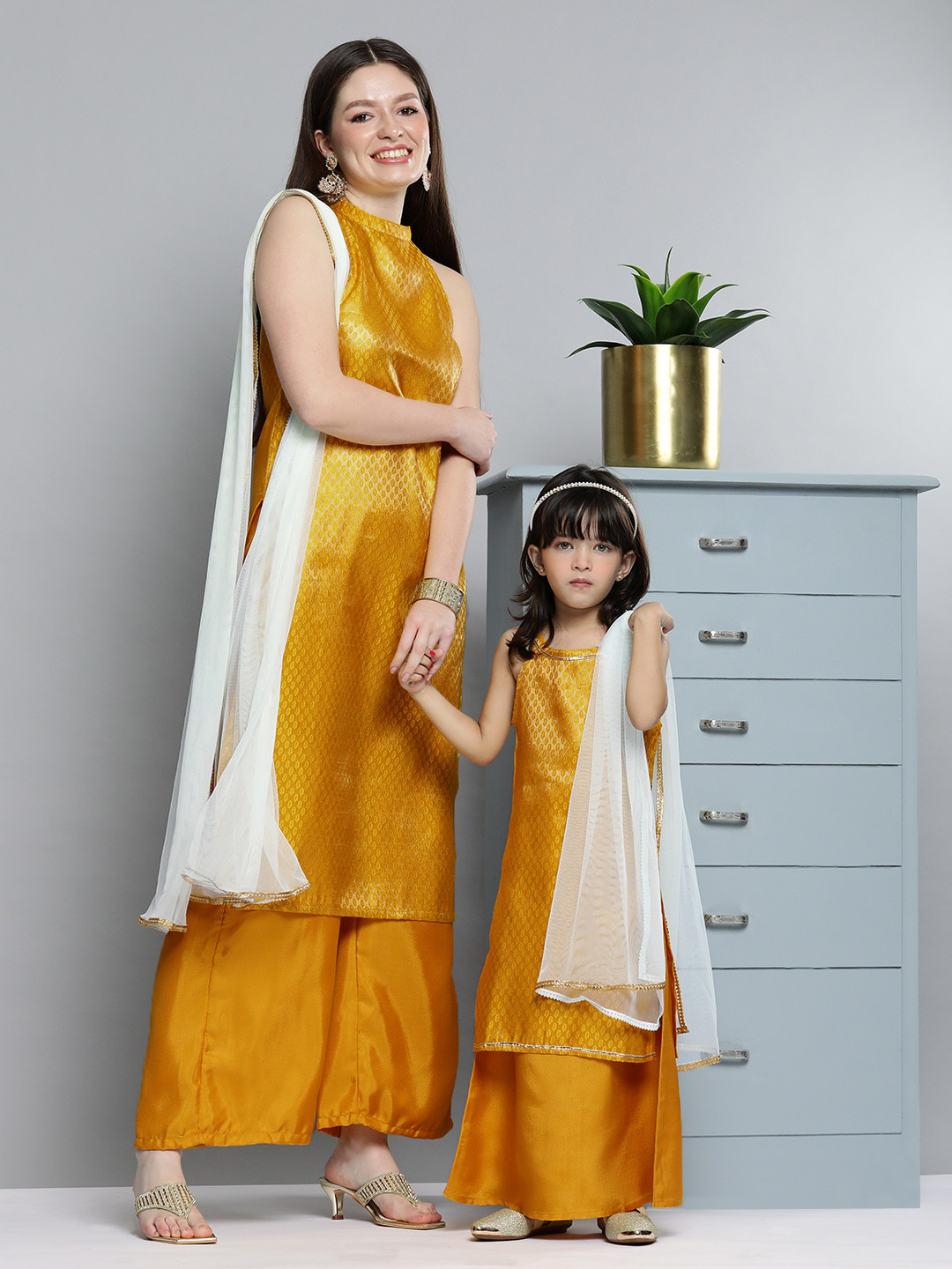 Buy HERE&NOW Women Mustard Yellow Ethnic Motifs Kurta With Palazzos ...