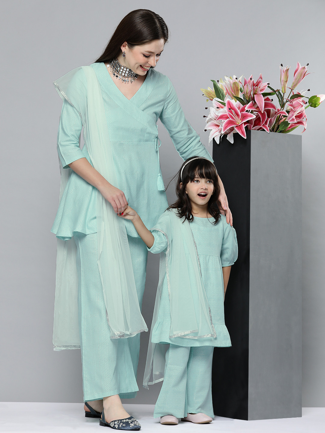 Girls Blue Floral Embroidered Angrakha Gotta Patti Pure Cotton Top With Dhoti Pants