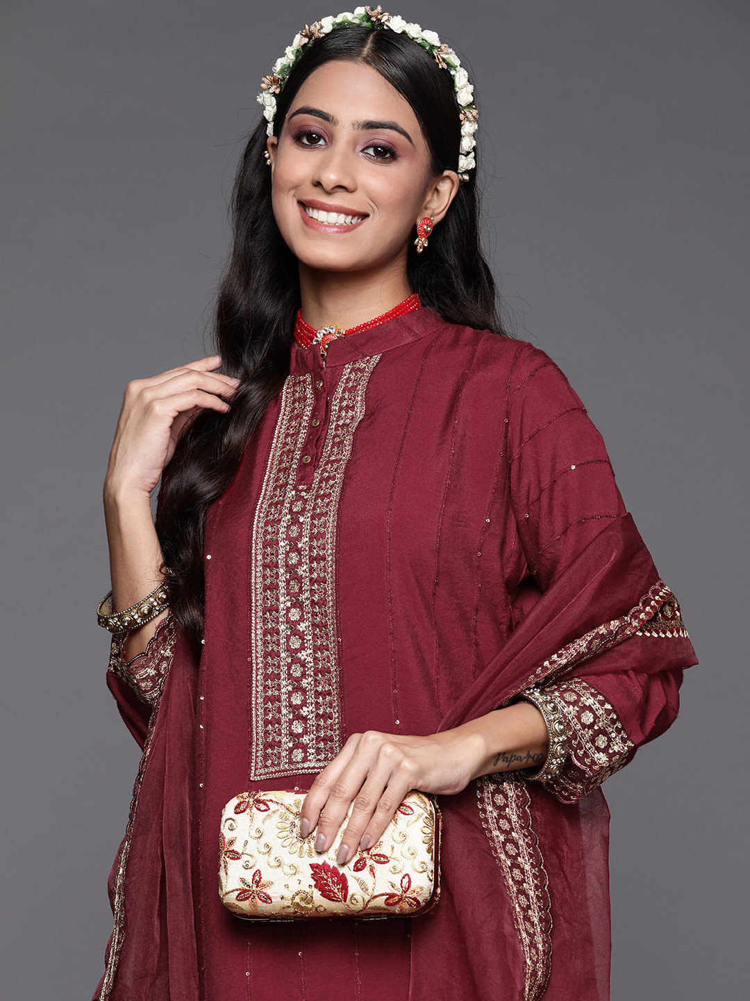 Indo Era Maroon Embroidered A-Line Kurtas