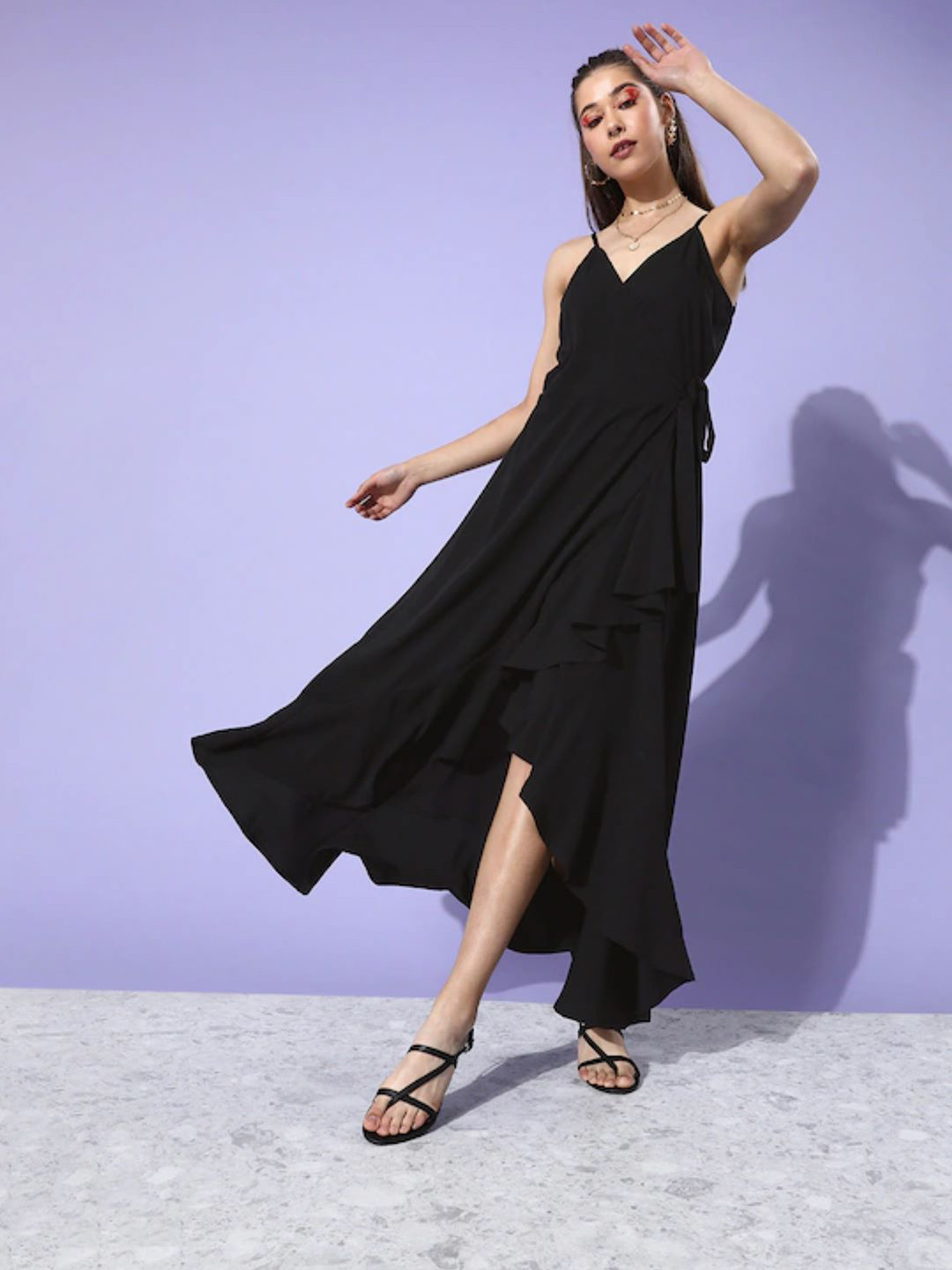 Buy Sera Black Crepe Shoulder Strap Midi Dress Dresses for Women