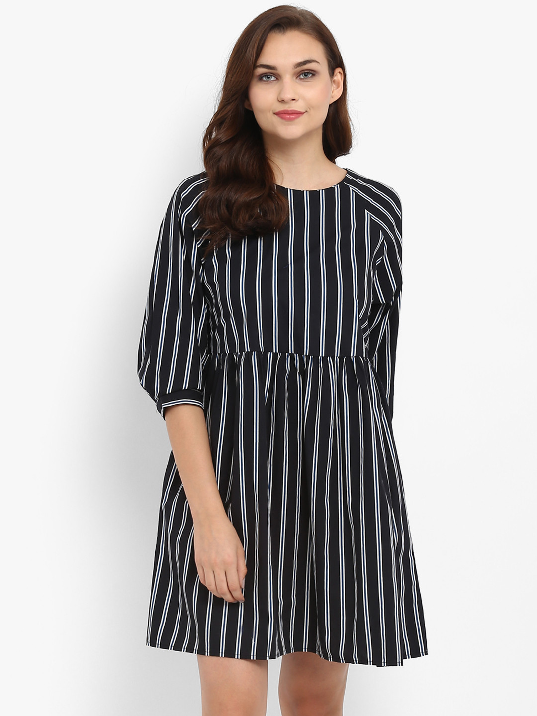 Buy Athah Women Navy Blue & White Striped Cotton A Line Dress Dresses