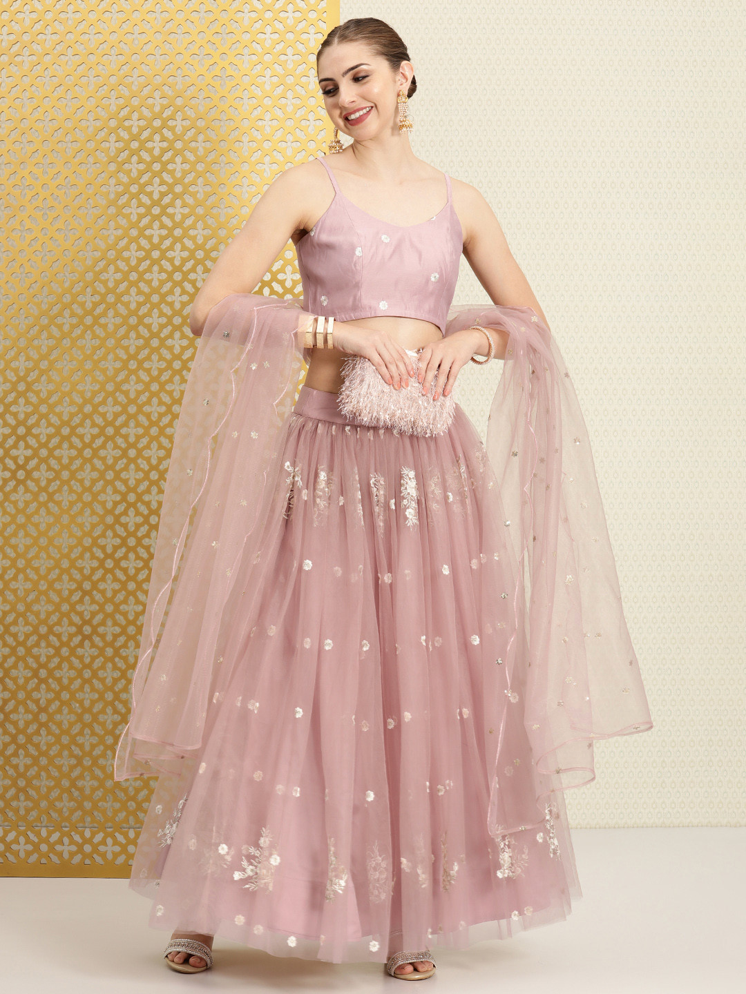 Babyhug Woven Sleeveless Net Sequinned Embroidered Lehenga Choli with Attached Dupatta & Floral Applique - Pink main image 1