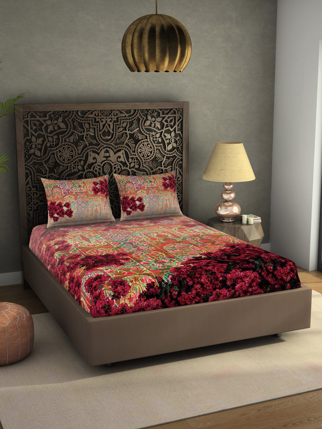 Buy SPACES Red & Green Floral 300 TC King Bedsheet With 2 Pillow Covers