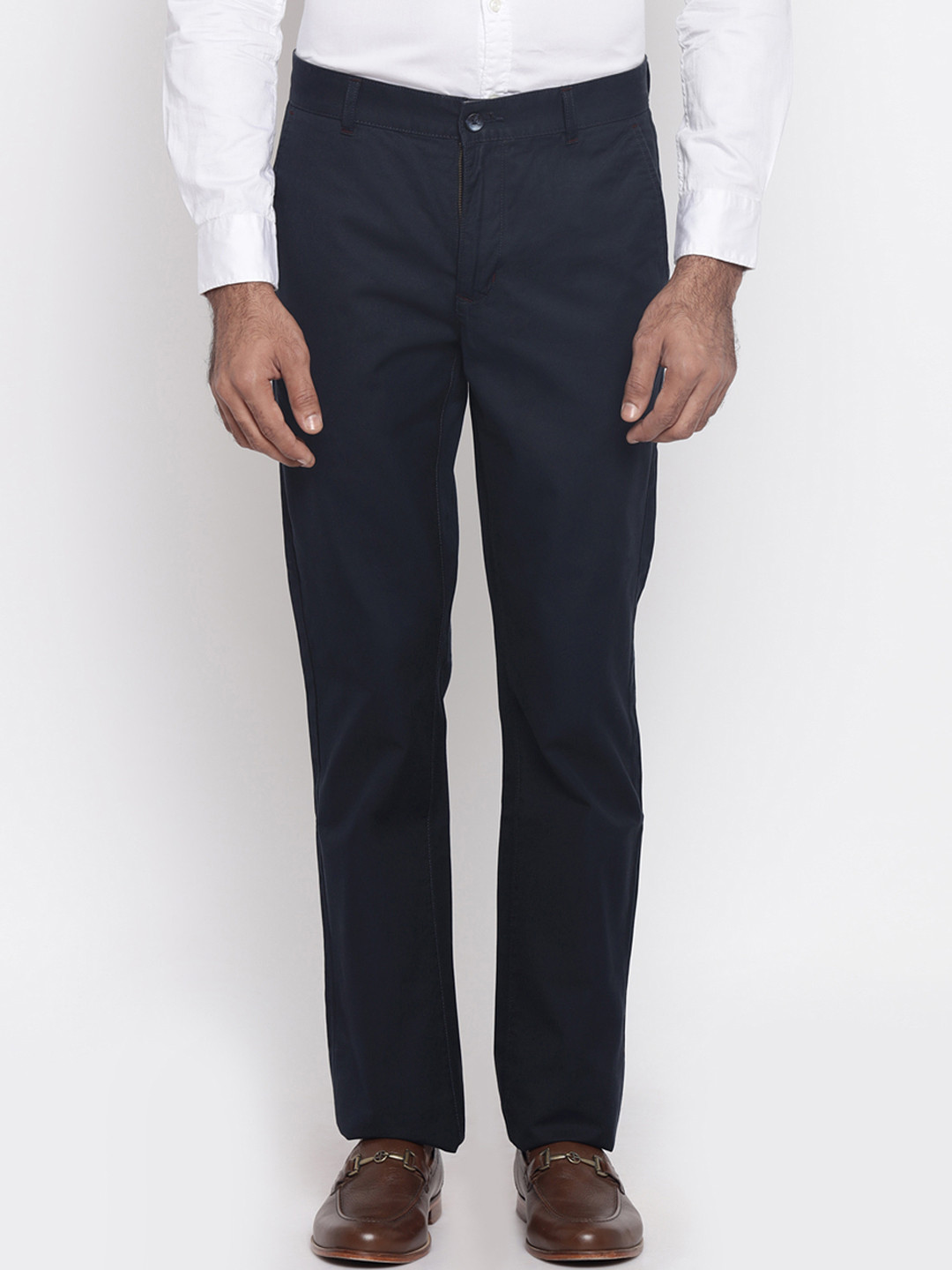 Buy Parx Men Navy Blue Slim Fit Solid Regular Trousers - Trousers for ...