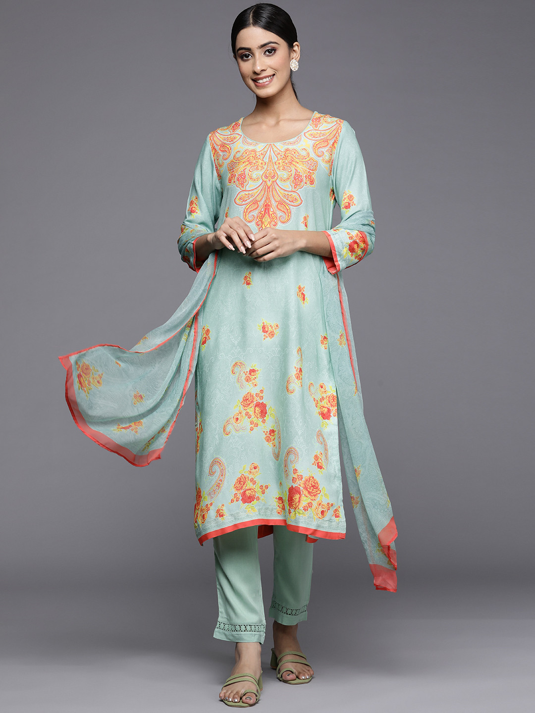 Buy Biba Women Green Paisley Printed Kurta With Trousers & With Dupatta