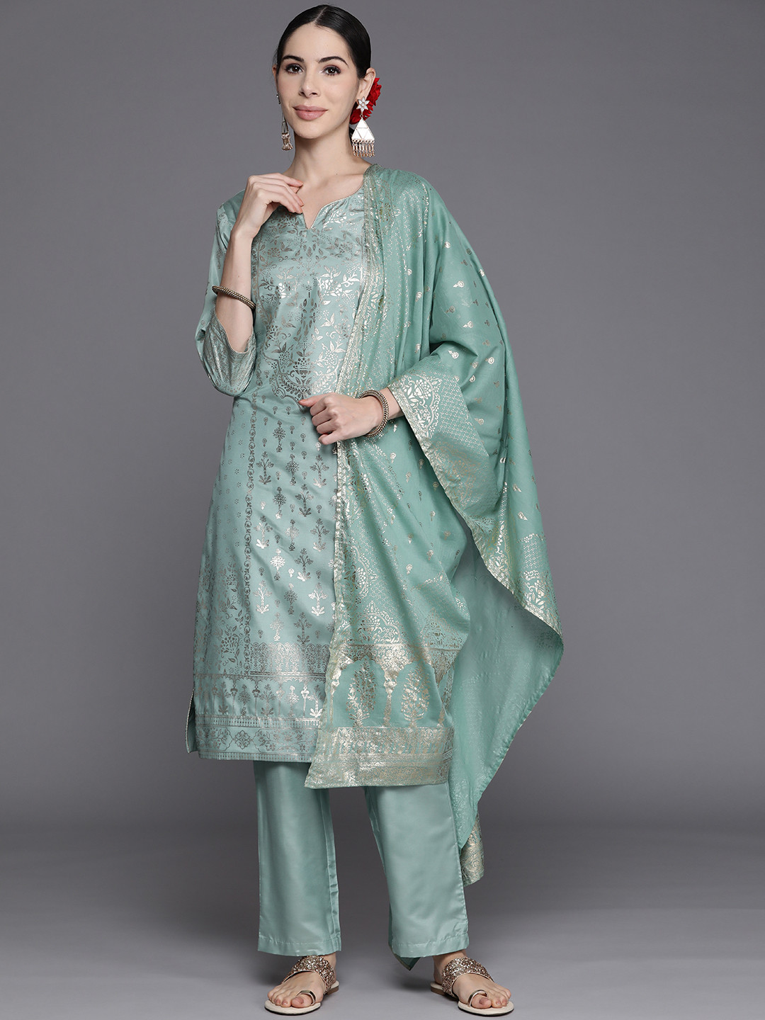 Buy Biba Women Green & Golden Ethnic Motifs Printed Kurta With Trousers