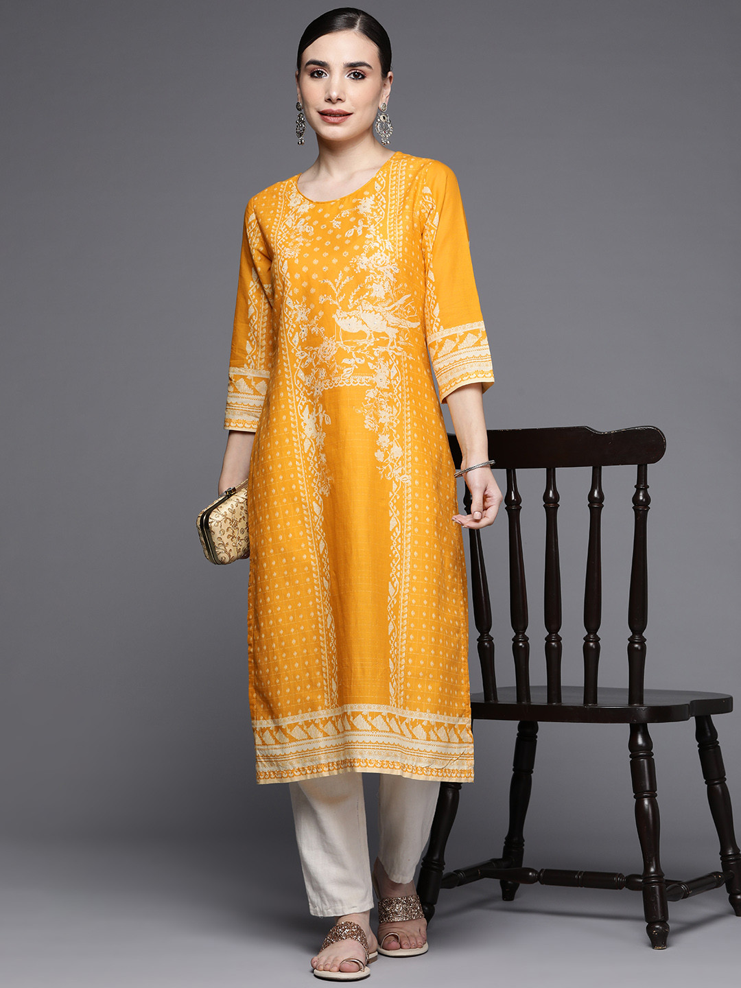 Buy Biba Women Mustard Yellow & White Pure Cotton Ethnic Motifs Printed