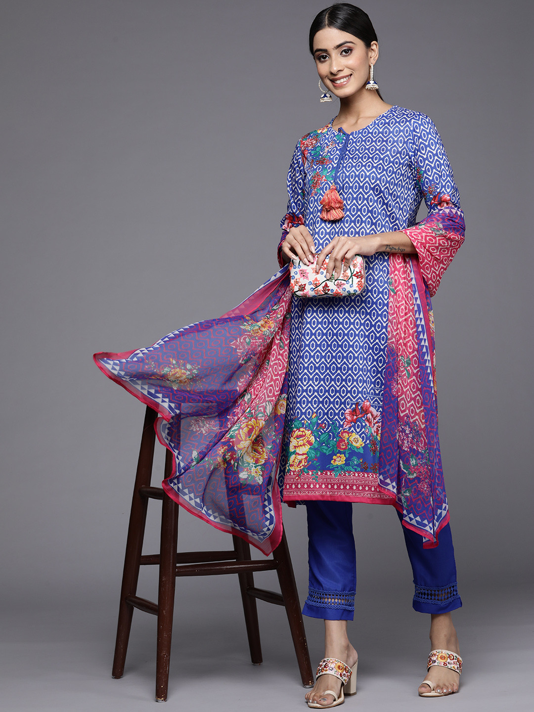 Buy Biba Women Blue Printed Kurta With Trousers & With Dupatta Kurta