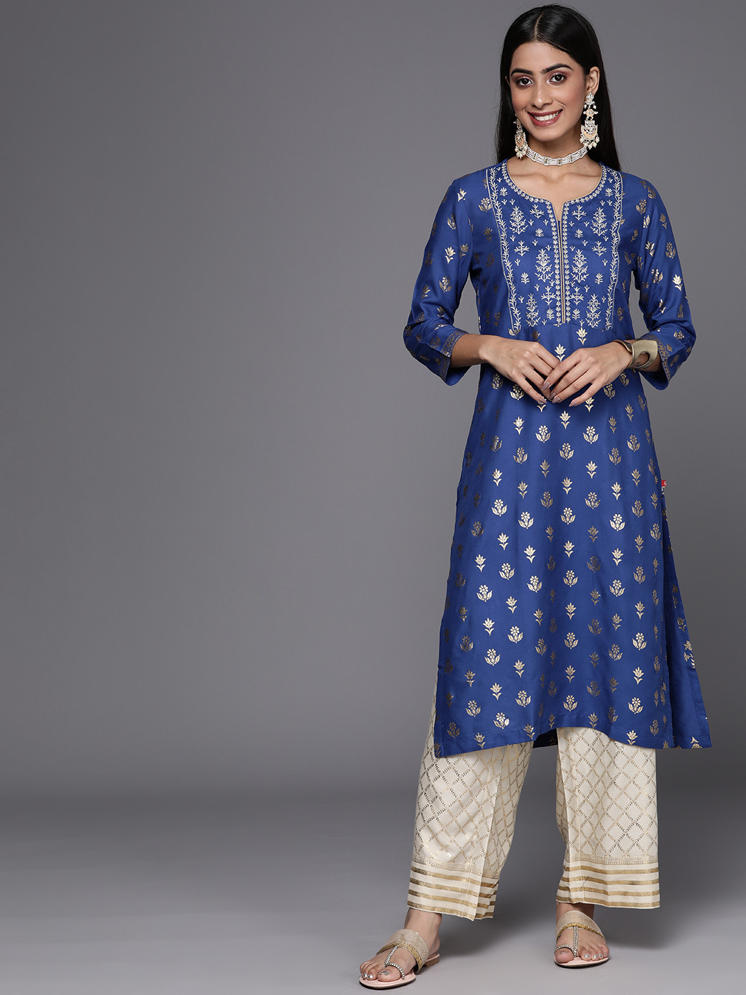 Buy Biba Women Blue & Golden Ethnic Motifs Printed Thread Work Kurta