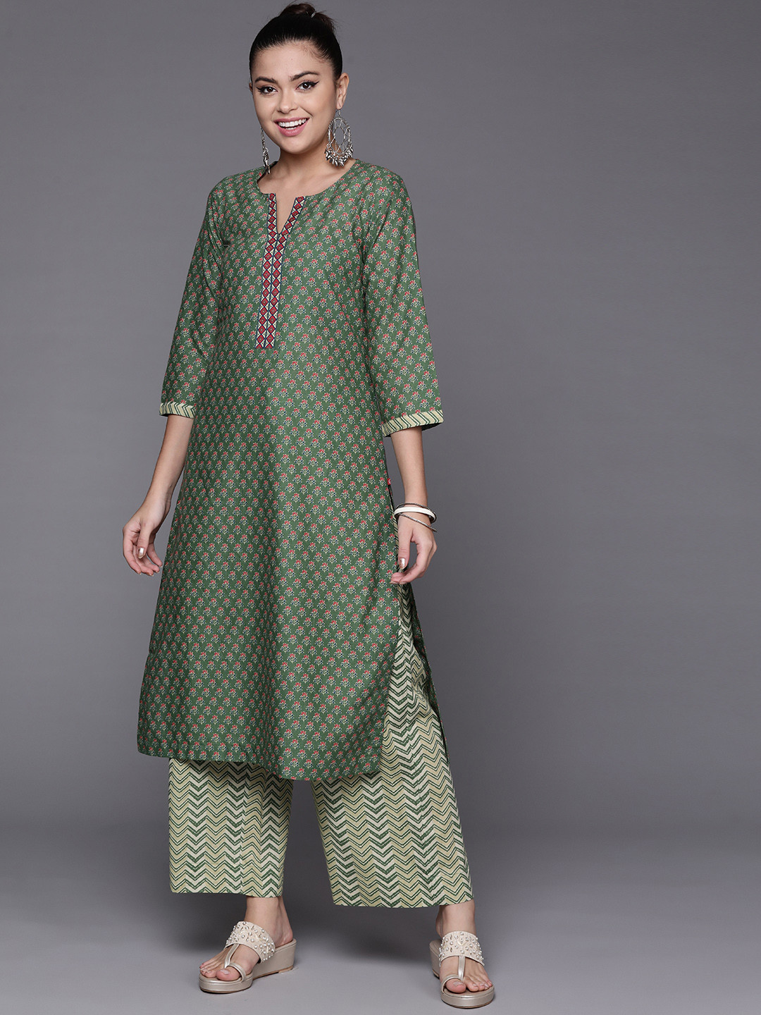 Buy Biba Women Green Pure Cotton Ethnic Motifs Printed Kurta With