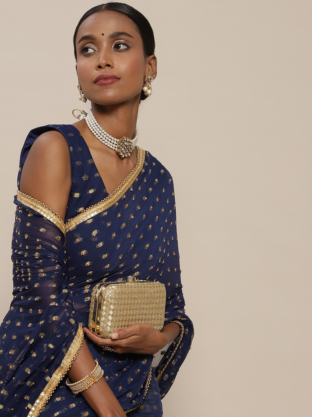 Buy SAARYA Navy Blue Woven Design Beads And Stones Pure Chiffon Saree Sarees for Women