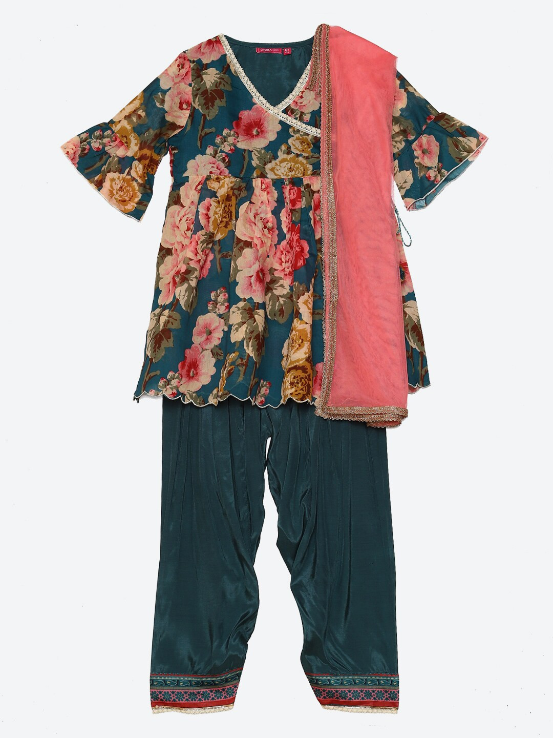 Buy Biba Girls Teal Green & Pink Floral Printed Angrakha Kurta With