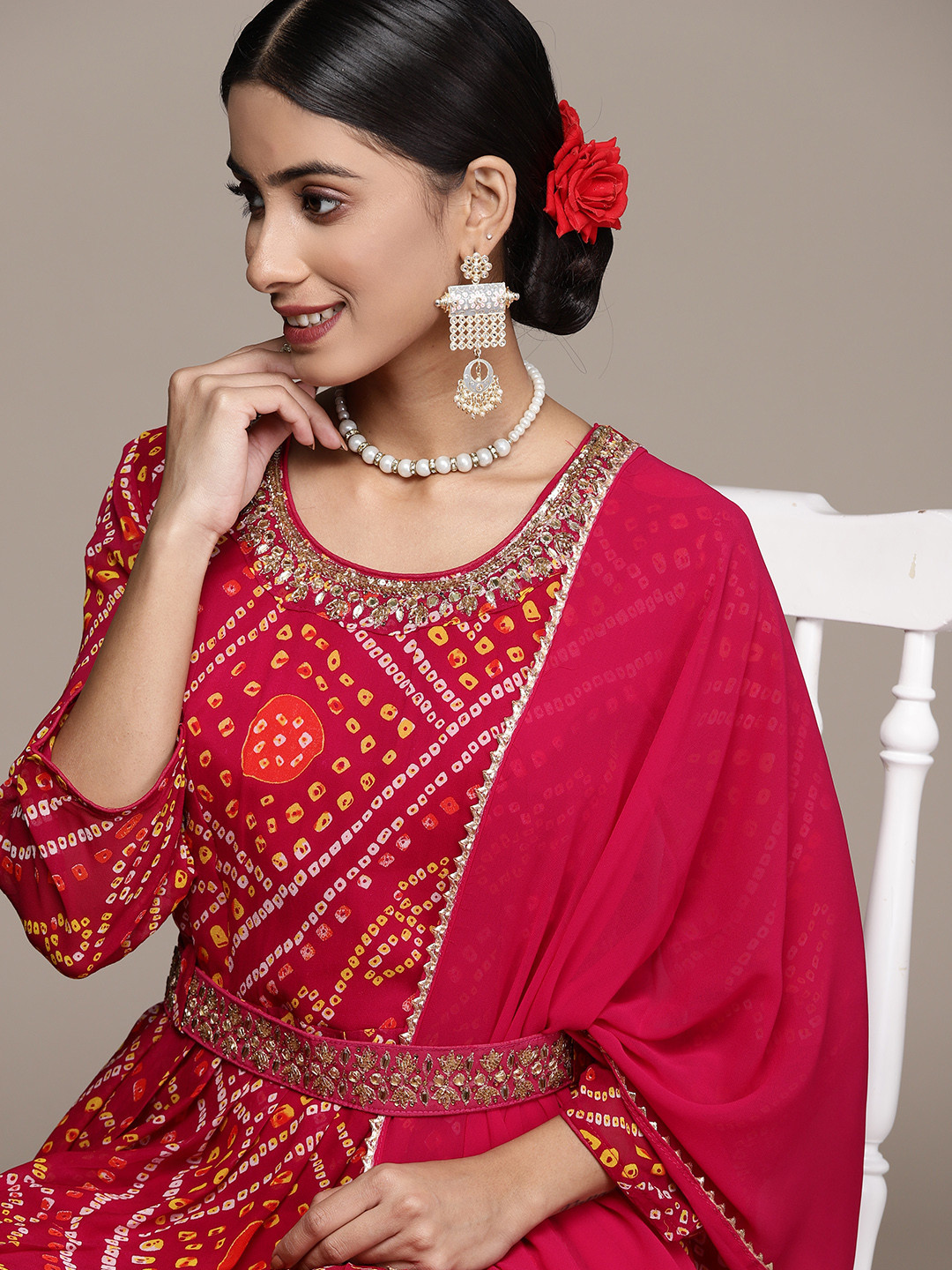 Buy SAARYA Women Magenta Bandhani Printed Kurta With Sharara Dupatta