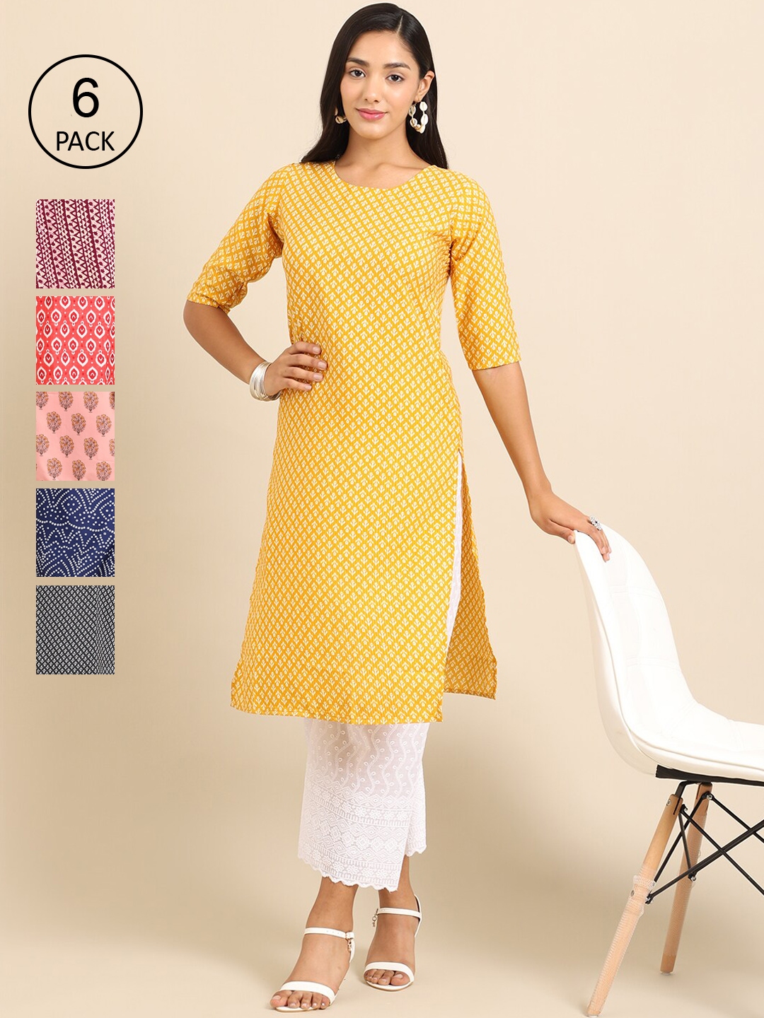 Buy 1 Stop Fashion Women Multicoloured Pack Of 6 Geometric Printed Keyhole Neck Crepe Kurta