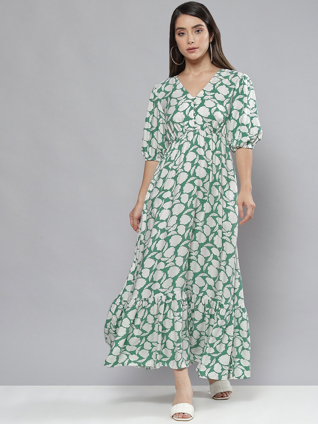 GREEN WHITE FLORAL MAXI DRESS